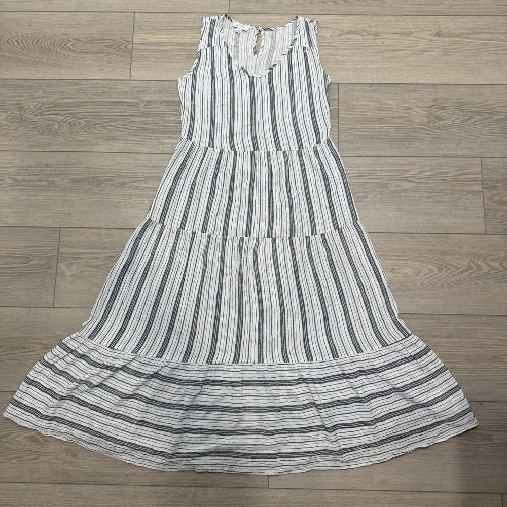 AB Studio M White Gray Stripe Tiered Sleeveless Dress 100% Rayon